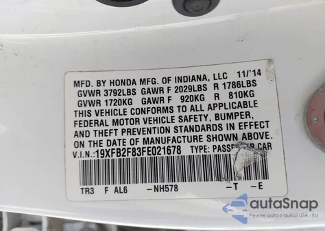 2015 Honda Civic Ex from USA, damaged, VIN 19XFB2F83FE021678
